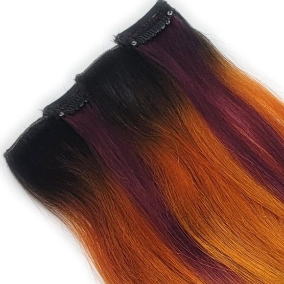 Firey Purple Orange Yellow Pink Double Drawn Clip in Remy Human Hair Extensions - Picture 2 of 4